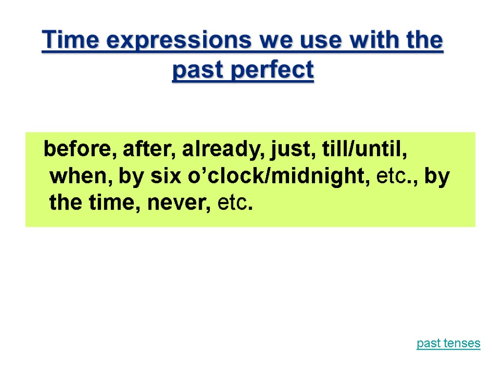 Time expressions we use with the past perfect before, after, already, just, till/until, when,